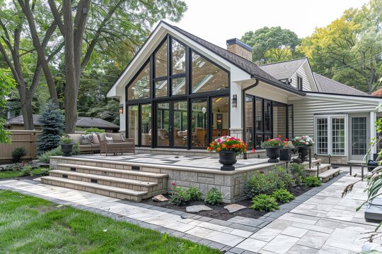 Photo of an almost finished sunroom installation on the back patio with glass and aluminum walls, pavers in front, lush landscaping around it, taken from behind the house in WestHOME, styled in HD8K.