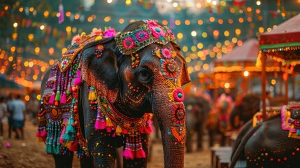 Obraz premium Beautifully decorated elephant in vibrant festival attire, amidst colorful lanterns and festive decorations during a night celebration.