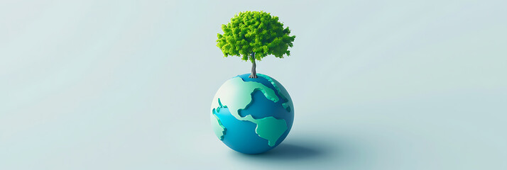 3D icon of planet Earth with a tree on top simple design