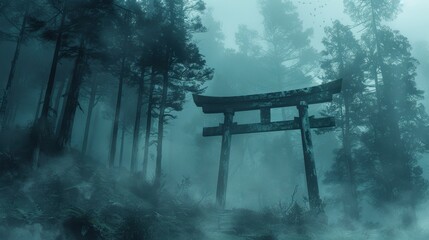 Mysterious misty forest with an ancient wooden Torii gate, shrouded in fog and surrounded by tall trees, creating an eerie atmosphere.