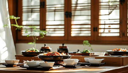 Illustration of Korean dishes served in a modern and attractive way, rich in Korean culture