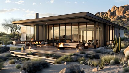 Obraz premium Modern Desert Home with Fire Pit and Mountain Views at Sunset