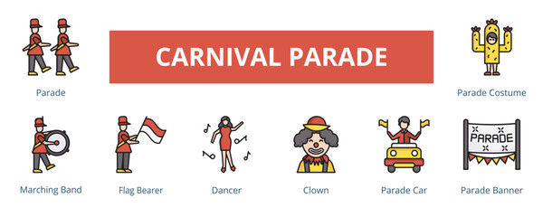Fototapeta premium Carnival Parade Lineal Color Banner Web Icon Set Vector Illustration, Parade Marching Band Flag Bearer Dancer Clown Car Banner Costume
