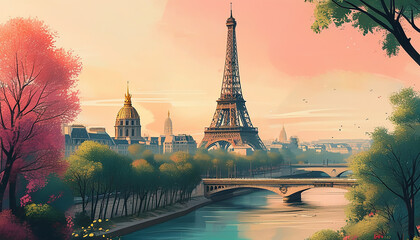 Obraz premium Landscape illustration of the city of Paris with the Eiffel Tower which hosts the 2024 Olympics.