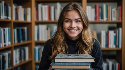 Young Student Smiling While Carrying Stack of Books in Modern Library Setting