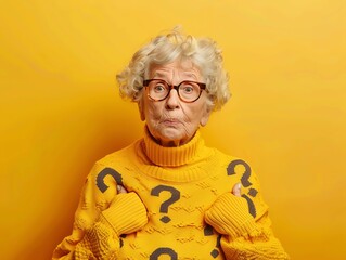 Elderly woman in yellow sweater with question marks, bright yellow background, thoughtful and quirky