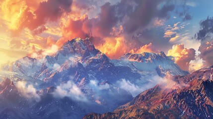 Panoramic mountain landscape at sunset, vibrant colors, dramatic clouds, breathtaking and majestic