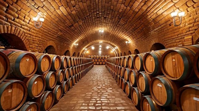 A stone-walled cellar filled with numerous wine barrels