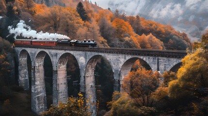 Train Traversing Scenic Bridge Over River and Valley Landscape