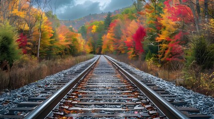 Obraz premium Vibrant Autumn Train Tracks Surrounded by Colorful Foliage