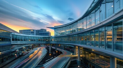 Modern Architecture at Dusk with Blurred Traffic