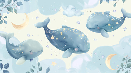  Cute Illustration of Whales and Stars in a Dreamy Sky