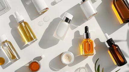 Flat lay of luxury skincare products including serums, creams, and facial oils, highly detailed