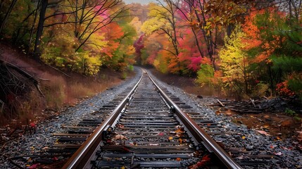 Obraz premium Winding Train Tracks Surrounded by Vibrant Autumn Foliage