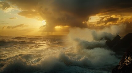 Fototapeta premium Waves Crashing at Sunset with Dramatic Sky