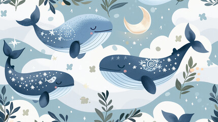 Obraz premium Cute Illustration of Whales and Stars in a Dreamy Sky