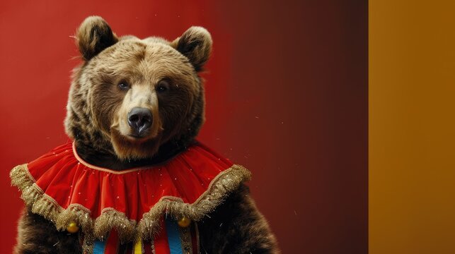 Portrait of a bear in a circus outfit with copy space