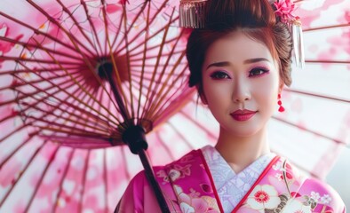 Young beautiful Japanese geisha woman in traditional colourful kimono dress holding pink umbrella with floral ornament