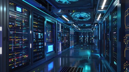 Obraz premium Secure server room protected by an AI-powered surveillance system monitoring for cyber threats.