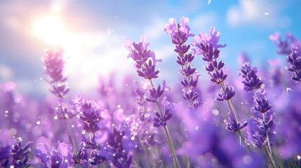 Naklejka premium Close-Up of Lavender Flowers in Sunlight. Clear glass with water drops, behind a blurred field of colorful lavender flowers