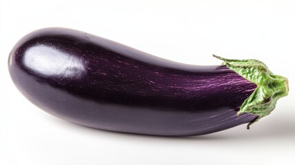Close-up of two fresh, vibrant purple eggplants on a white background, ideal for culinary and agricultural themes.