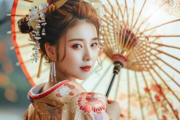 Young beautiful Japanese geisha woman in traditional colourful kimono dress holding umbrella with floral ornament
