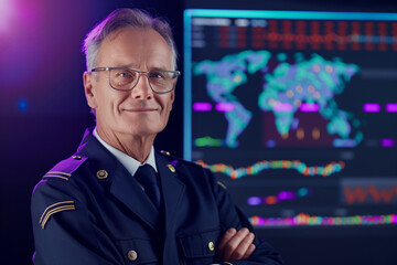 Confident Male Engineer in Uniform Smiling at Camera with Holographic Charts and Neon Vibes - Digital Art Concept