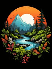 Mystical mountain river flowing through a lush green forest