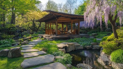 Japanese garden in spring, highlighting a stone pathway leading to a quaint teahouse, with blooming wisteria vines cascading over a wooden pergola and a gentle stream flowing nearby.