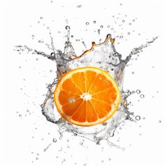 Orange slice exploding with water droplets in a white background