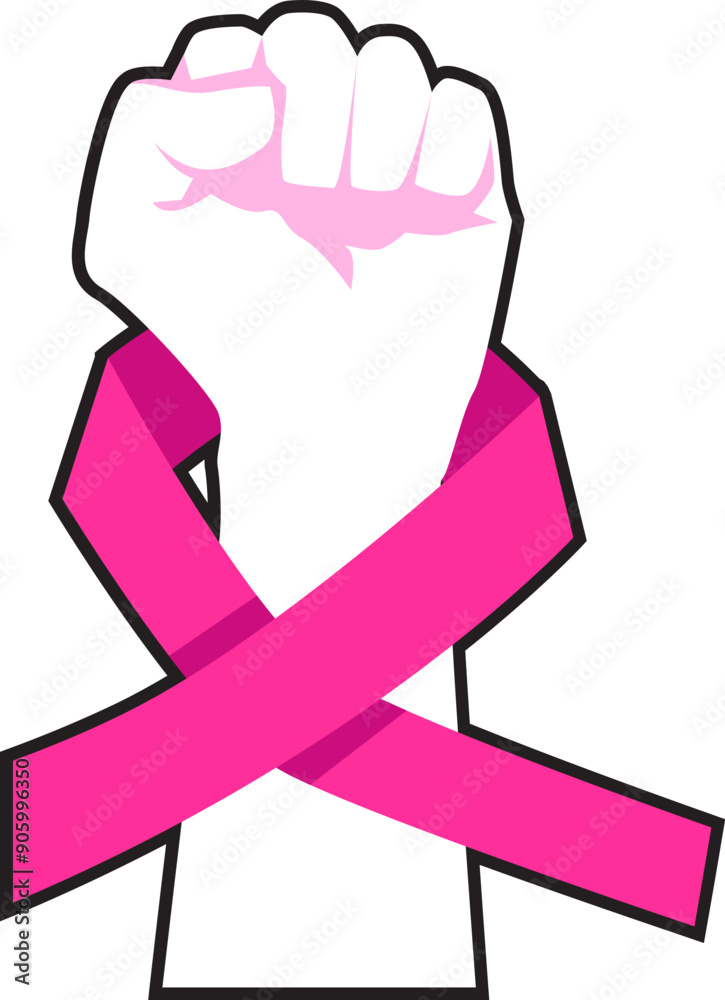 Wall mural Woman hand fist with pink ribbon vector illustration. Breast cancer fighting