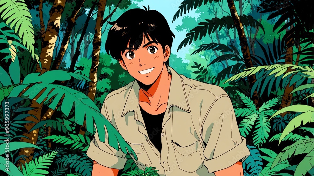 Wall mural handsome guy in rainforest background smiling happy illustration art anime cartoon