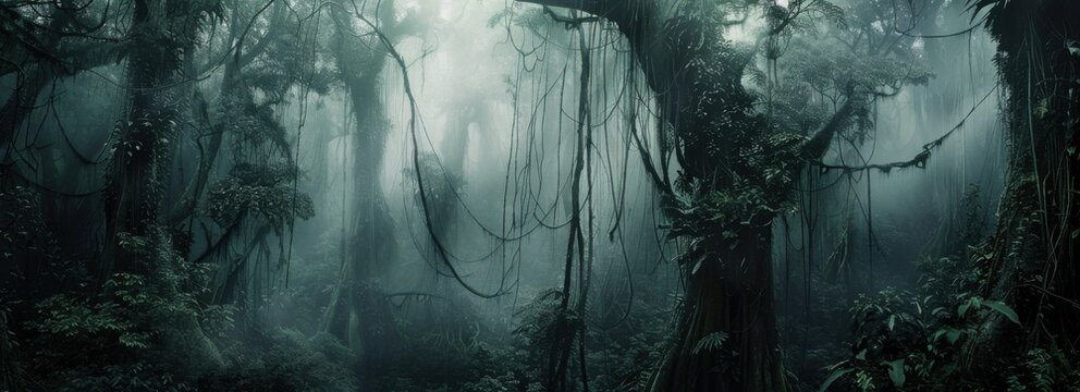 Foggy dense jungle scene with towering trees, hanging vines, and lush green foliage, creating a mystical atmosphere.