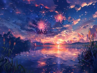 Fototapeta premium 3D summer night sky with fireworks and stars