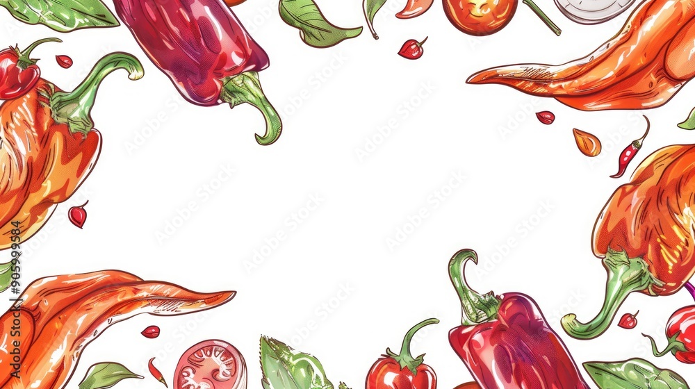 Wall mural seamless horizontal design with hot peppers hole harvest object vegetables empty space hand drawn