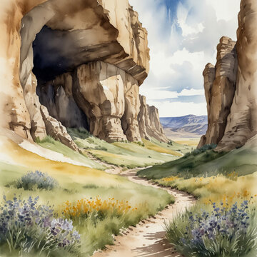 Watercolor illustration of Wind Cave National Park in South Dakota. Capture the unique features of one of the longest and most complex caves in the world, known for its rare boxwork formations