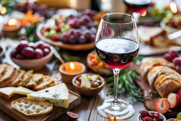red wine in glass and cheese with many food on long table