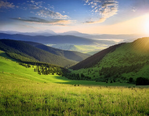 Obraz premium Scenic Landscape Overlooking Majestic Mountains, Featuring Rolling Hills and Expansive Vistas, Ideal for Nature, Travel, and Adventure-Themed Photography and Artwork
