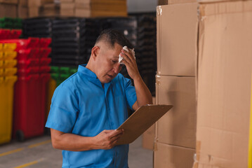 A clerk or supervisor wipes sweat from his forehead while checking inventory inside a hot and humid...
