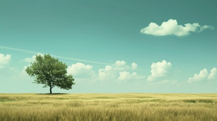 Obraz premium Picturesque rural landscape with a solitary tree in the golden wheat field under a cloudy sky