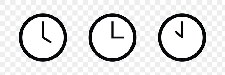 Clock icon. Simple black and white clock face showing three o clock. Vector illustration. 