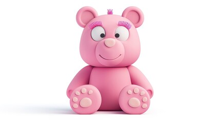 Fototapeta premium Detailed 3D Icon of a Cartoon Bear Character with Eyelashes in Pink Colors on a Solid White Background