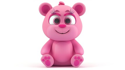 Fototapeta premium Detailed 3D Icon of a Cartoon Bear Character with Eyelashes in Pink Colors on a Solid White Background
