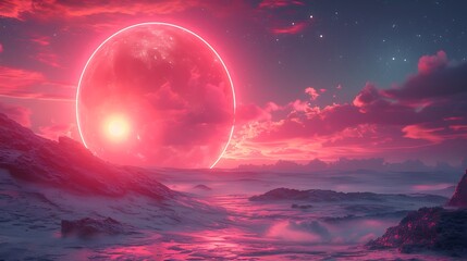 3D rendered surreal landscape podium on a dune with a glowing neon circle and cube floating in the air against an aurora sky background designed for product presentation.