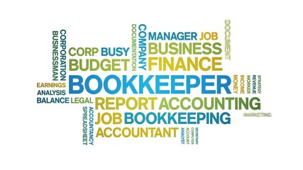 Bookkeeper animated word cloud;text design animation tag kinetic typography seamless loop.