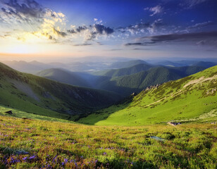 Fototapeta premium Scenic Landscape Overlooking Majestic Mountains, Featuring Rolling Hills and Expansive Vistas, Ideal for Nature, Travel, and Adventure-Themed Photography and Artwork