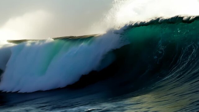 Large ocean wave crashing with mist in