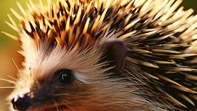Close-up shot of hedgehog with sharp quills curious expression