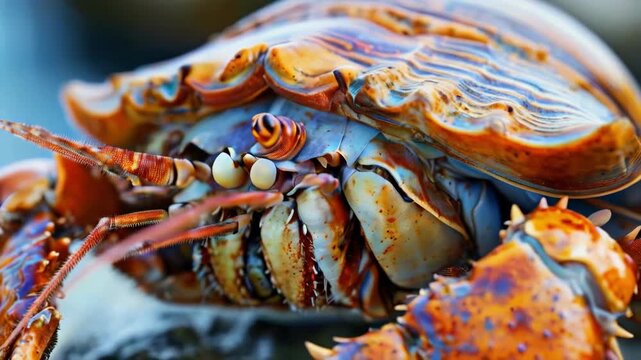 Close-up of vibrant hermit crab with orange and blue shell