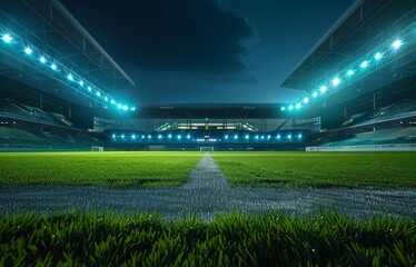 Naklejka premium Modern Sports Stadium at Night with Empty Field Ready for the Game, a Vertical Format 3D Illustration for Social Media Sports Ads.